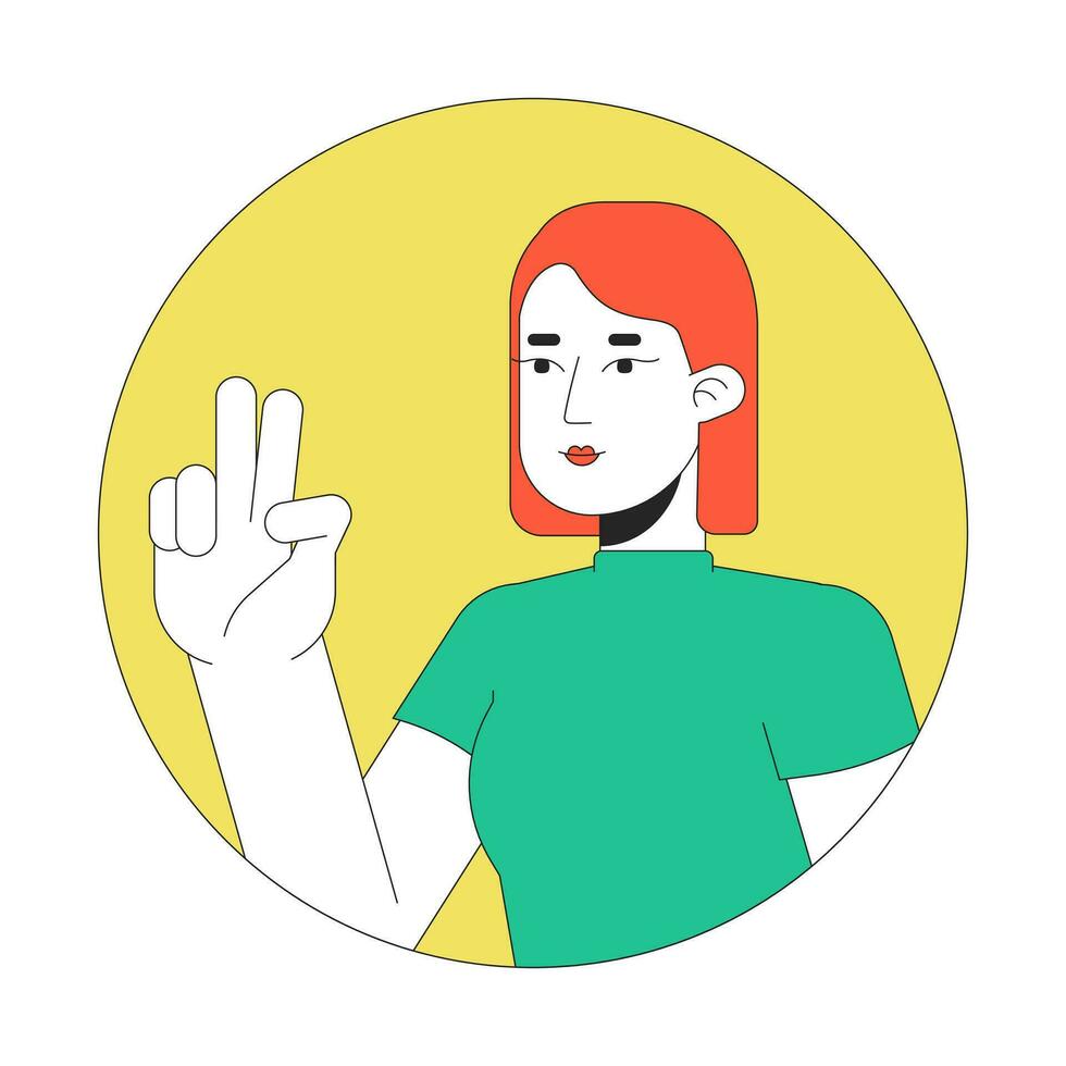 Peace sign girl european 2D line vector avatar illustration. Victorious caucasian female outline cartoon character face. Selfie taking. Gesturing two fingers up flat color user profile image isolated