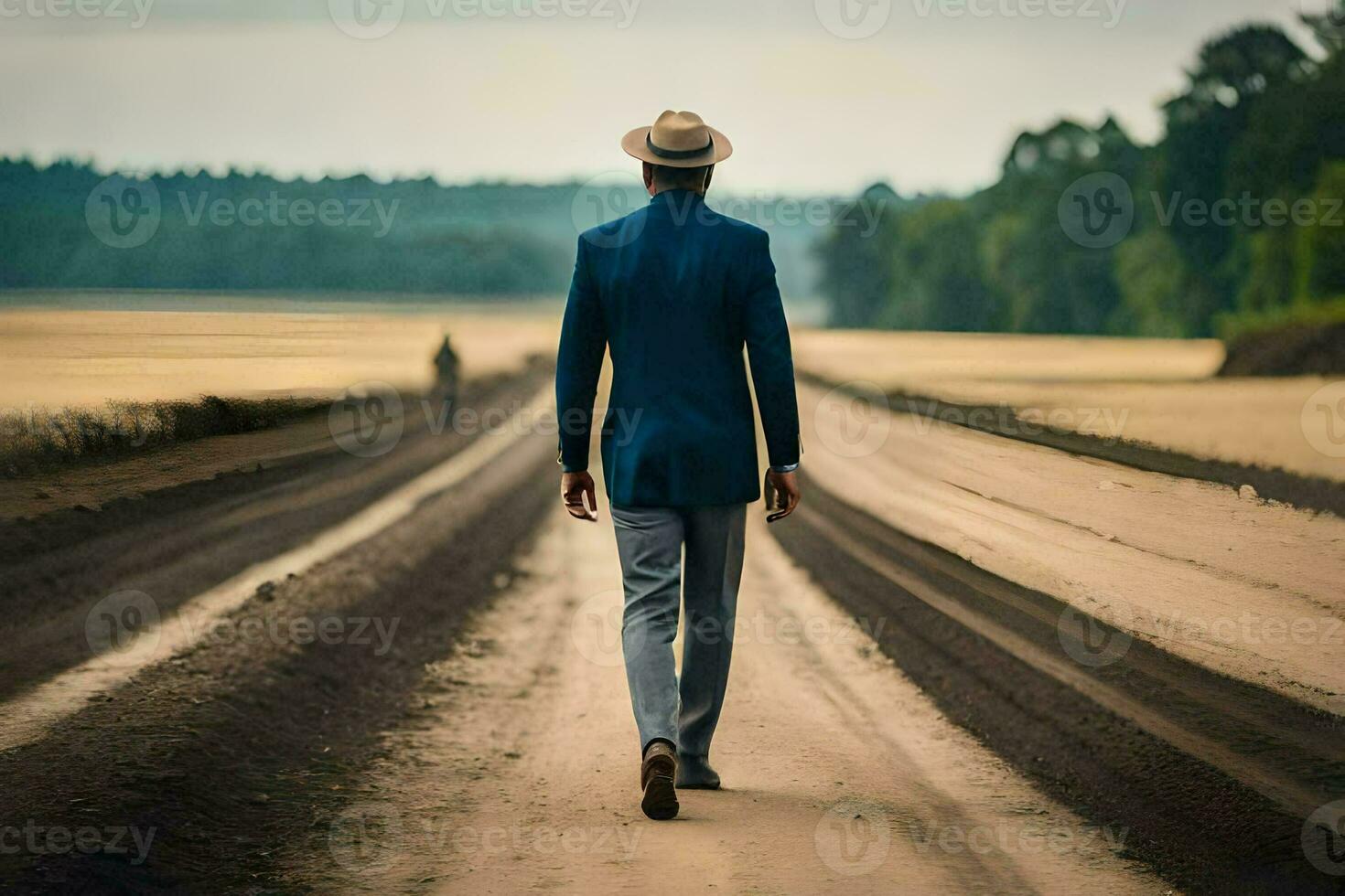 a man in a suit and hat walks down a dirt road. AI-Generated photo