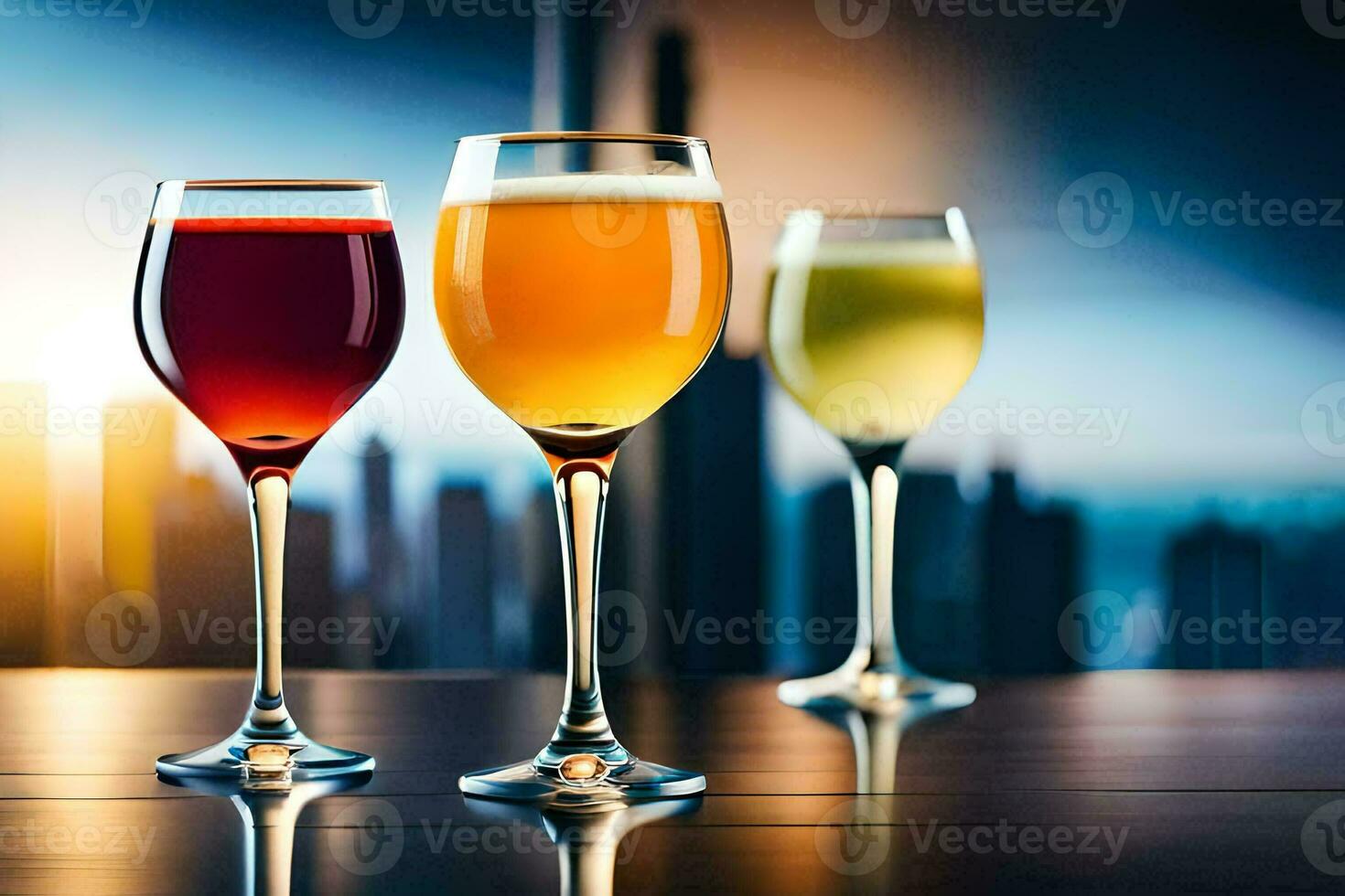 three glasses of wine on a table in front of a city skyline. AI-Generated photo