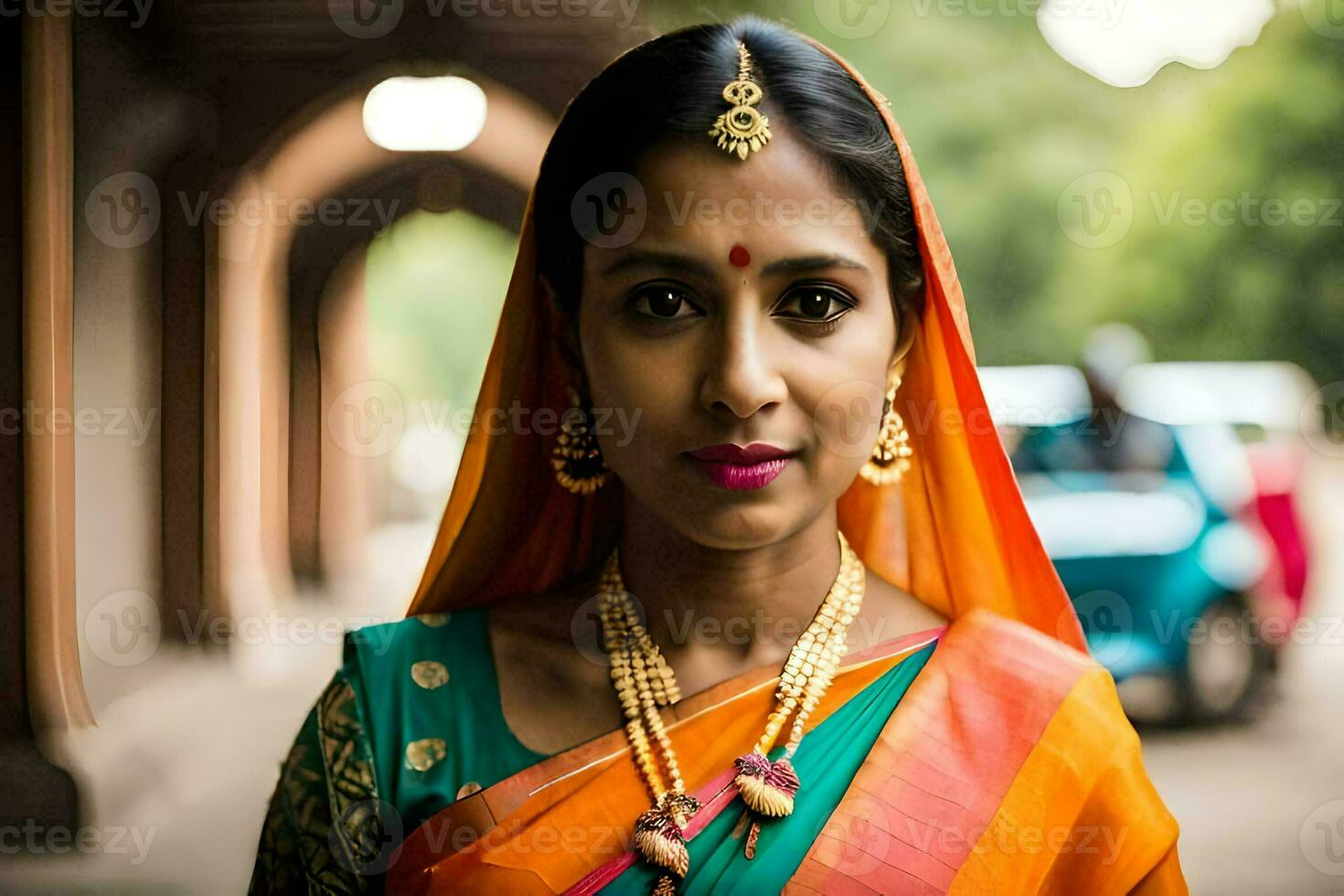 a woman in an orange sari and gold jewelry. AI-Generated photo