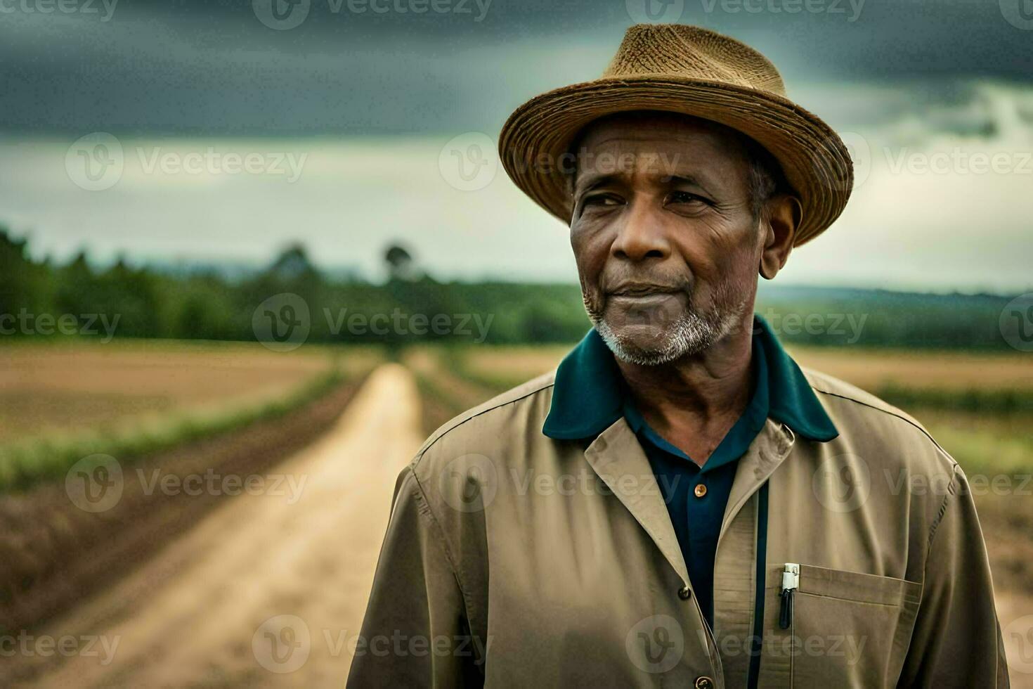 un hombre en un sombrero soportes en un campo. generado por ai foto