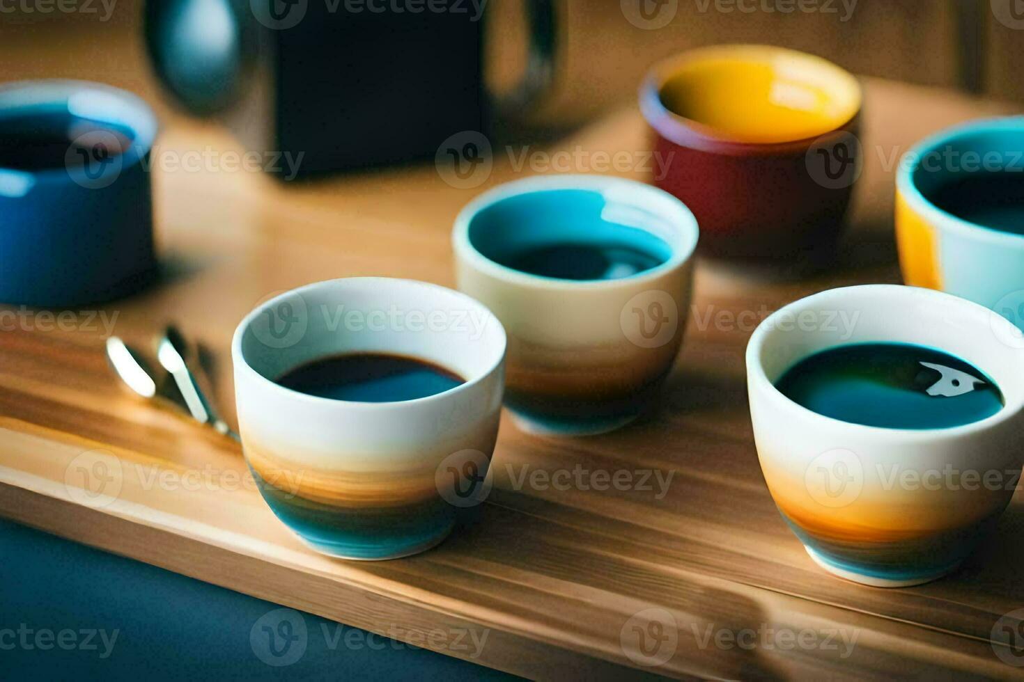 a tray with several cups of coffee and tea. AI-Generated photo