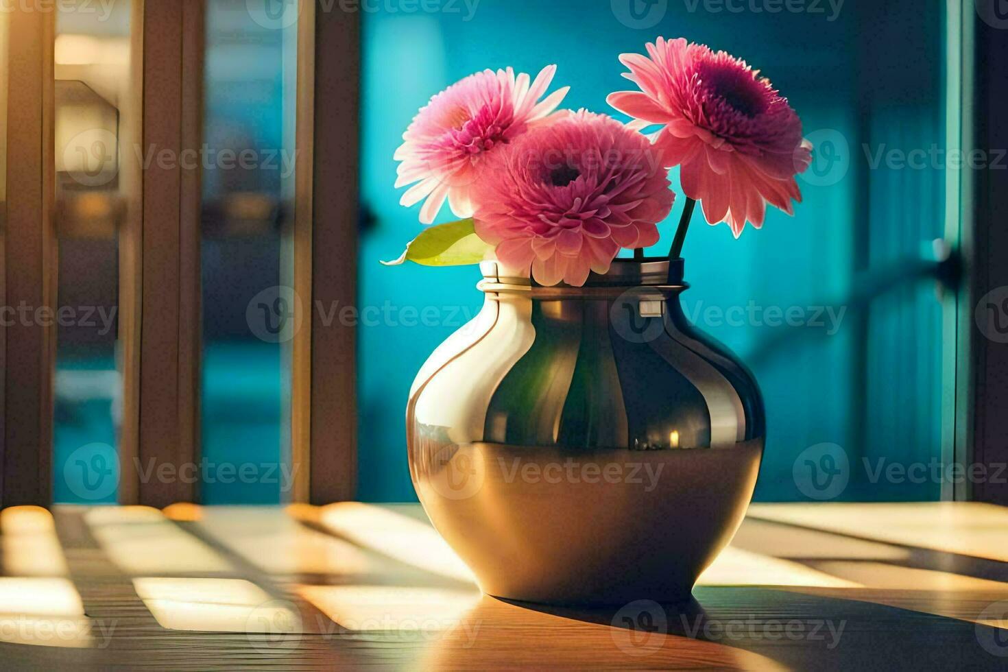 pink flowers in a vase on a wooden table. AI-Generated photo