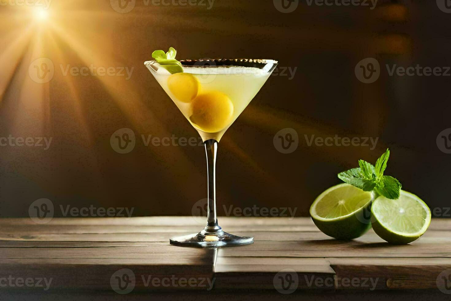 cocktail on a wooden table with sun shining. AI-Generated photo