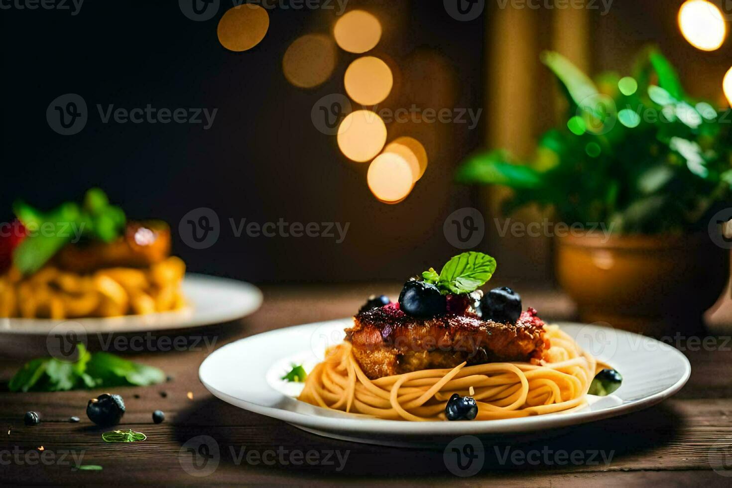 spaghetti with meatballs and blueberries on a wooden table. AI-Generated photo