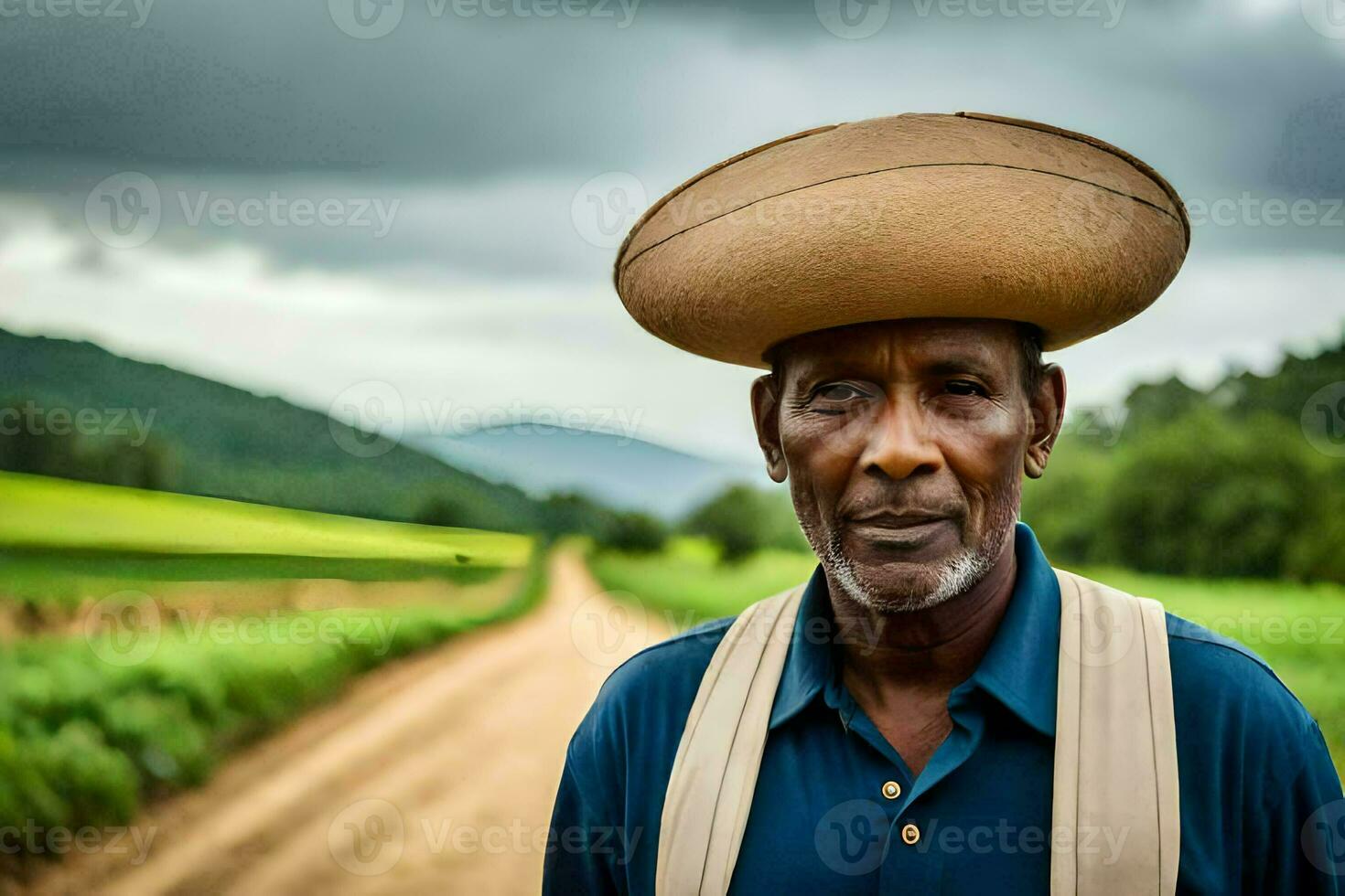 a man wearing a hat stands in the middle of a dirt road. AI-Generated photo