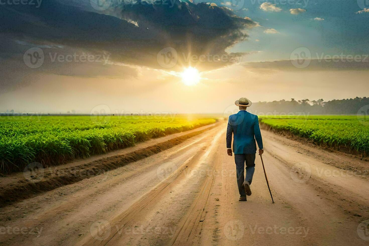 a man walking down a dirt road with cane. AI-Generated photo