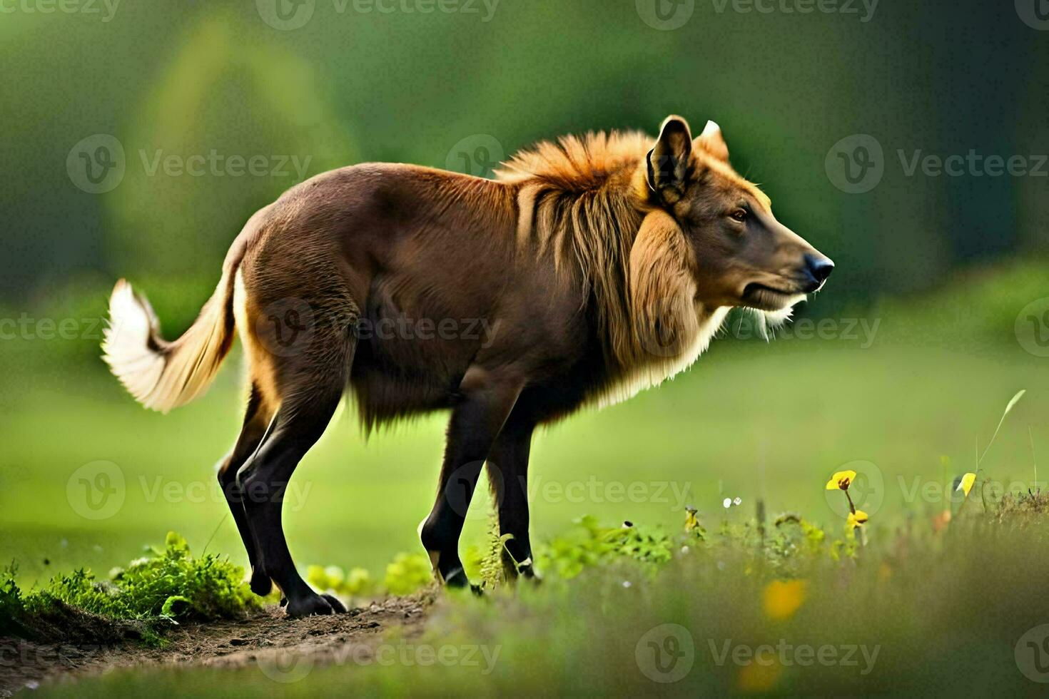 un marrón animal es en pie en el césped. generado por ai foto