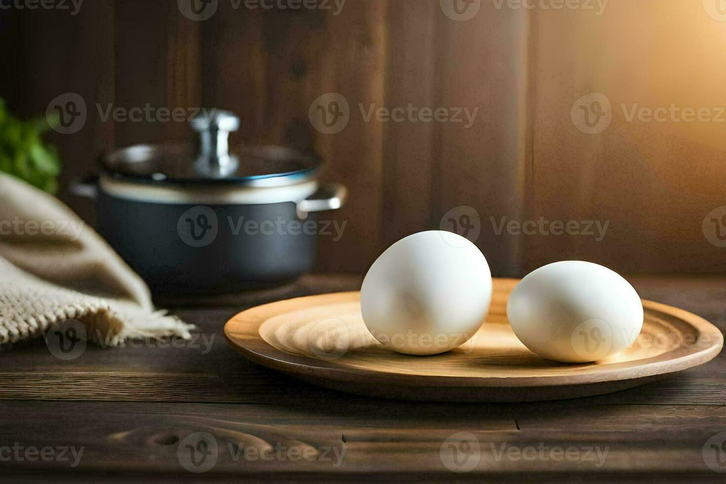 two eggs on a wooden plate next to a pot. AI-Generated photo