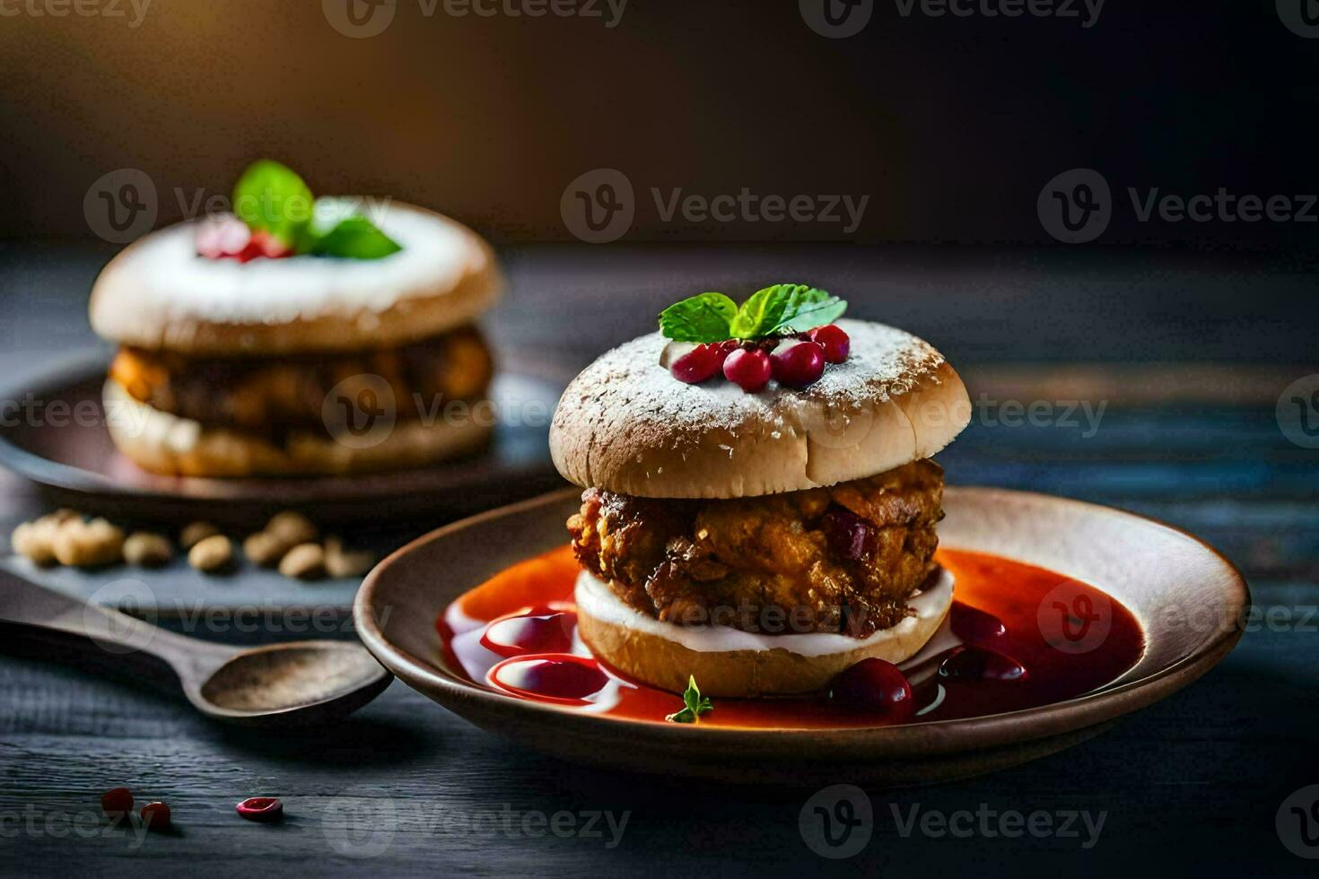 two chicken sandwiches with gravy and cranberry sauce on a plate. AI-Generated photo
