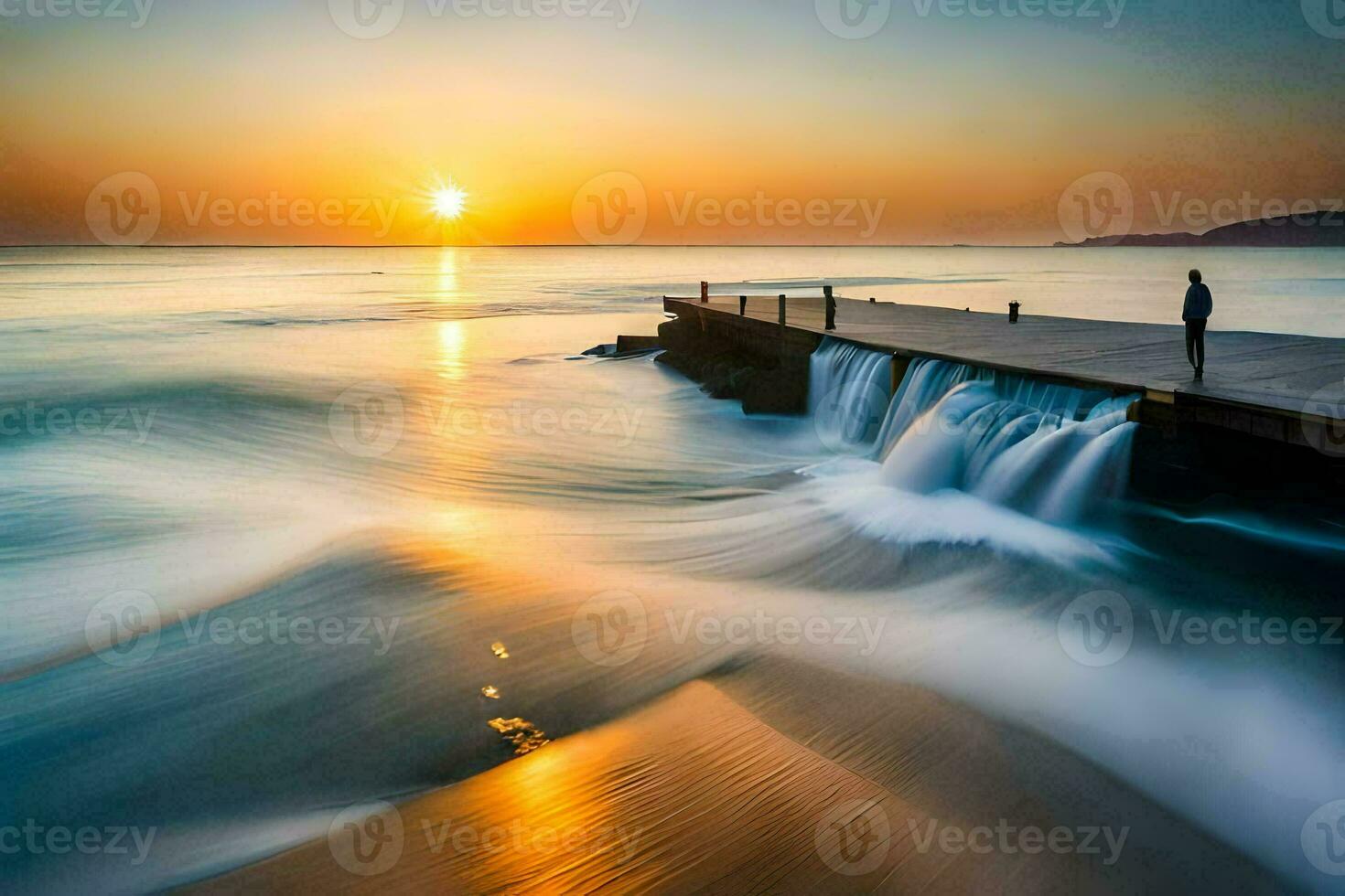 a man stands on a pier watching the sun set over the ocean. AI-Generated photo