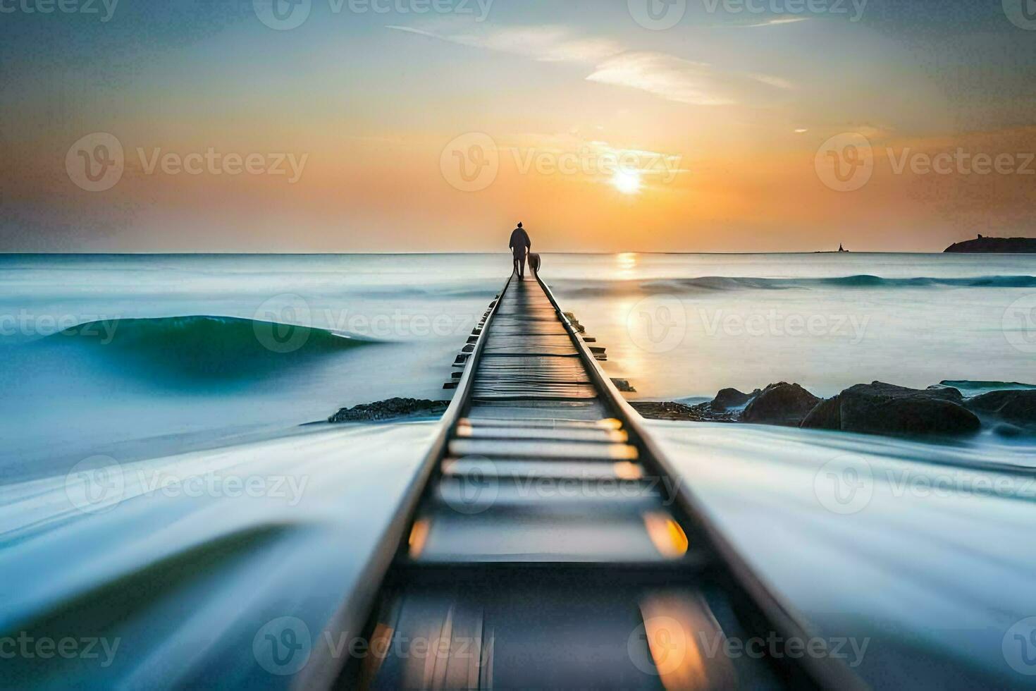 un hombre camina a lo largo un de madera muelle dentro el Oceano a puesta de sol. generado por ai foto