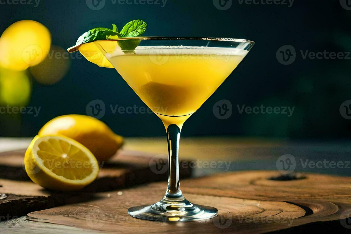 a cocktail with lemon and mint on a wooden table. AI-Generated photo