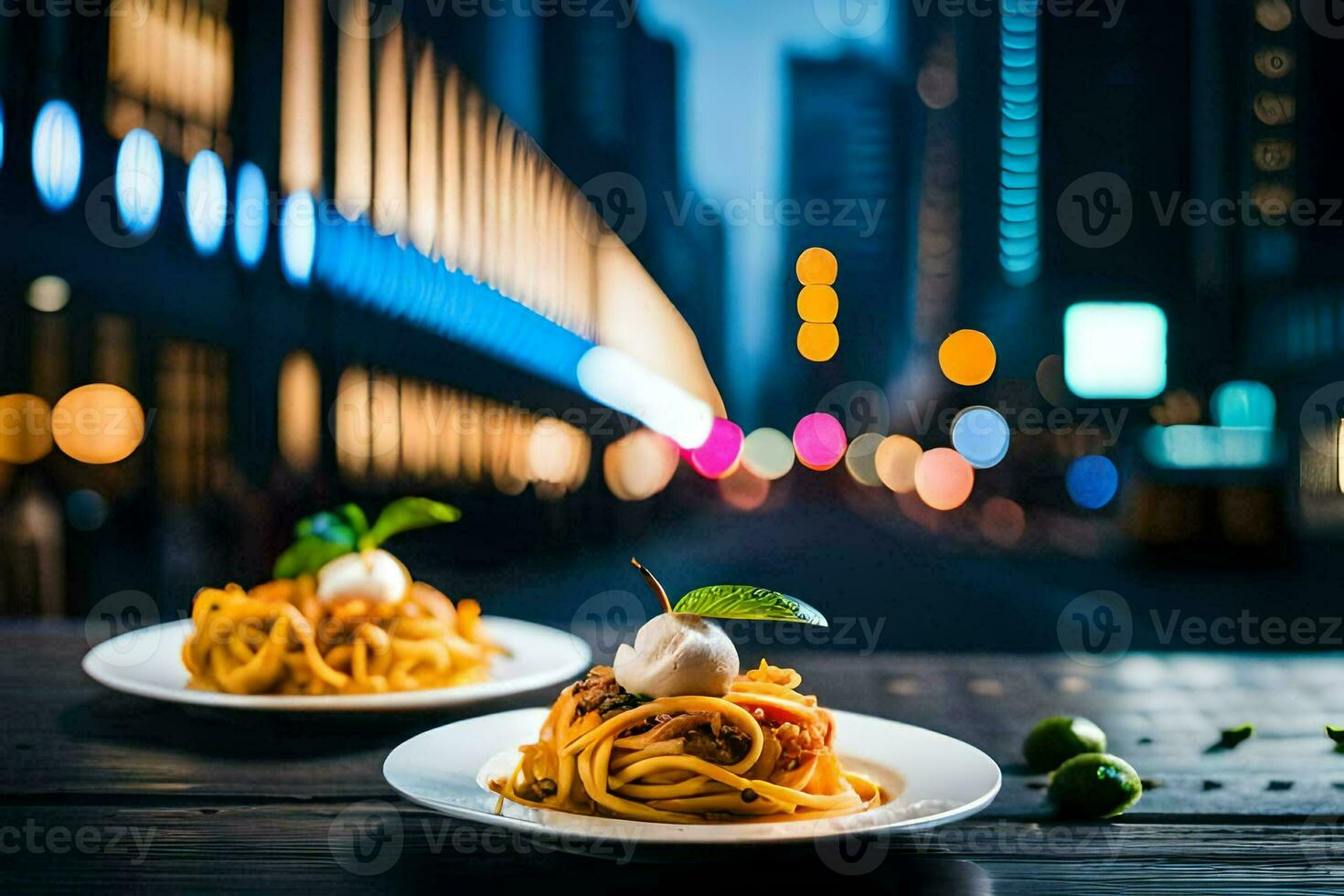spaghetti with tomato sauce and mozzarella cheese on a plate in the city. AI-Generated photo