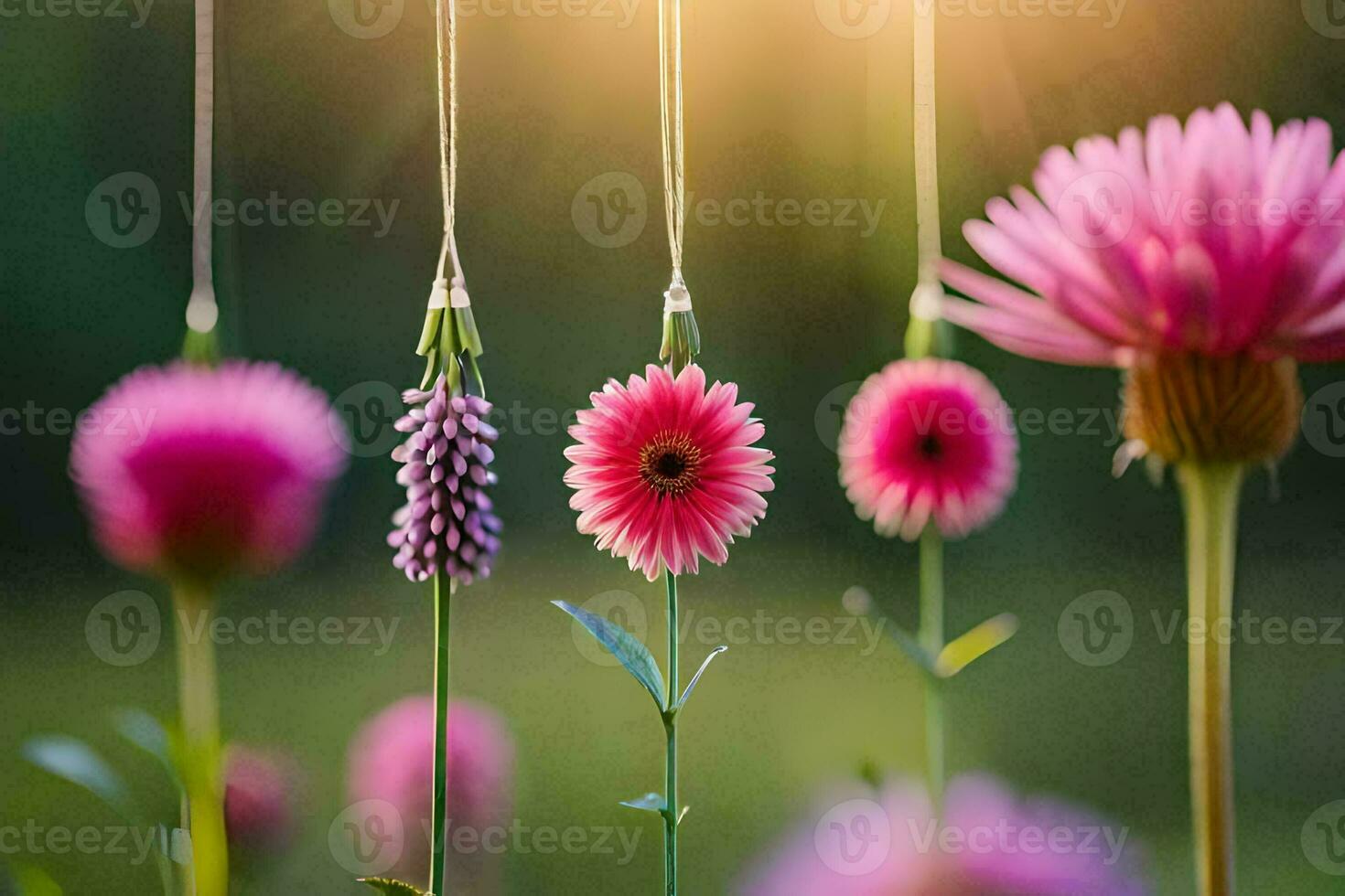 pink flowers hanging from strings in the sun. AI-Generated photo
