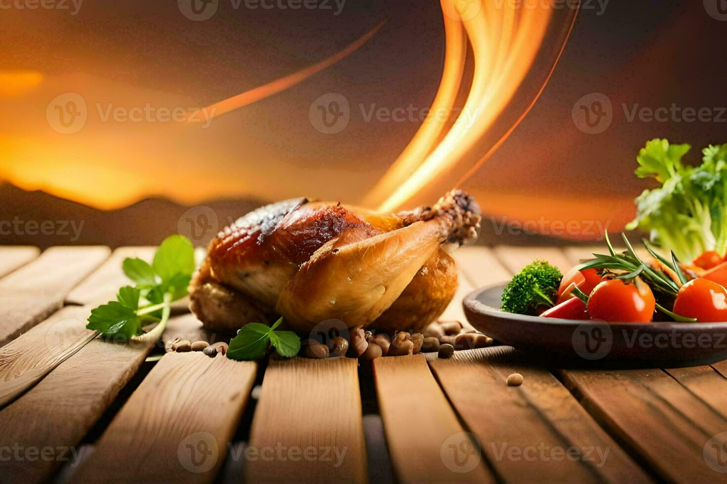 a chicken on a wooden table with a fire in the background. AI-Generated photo