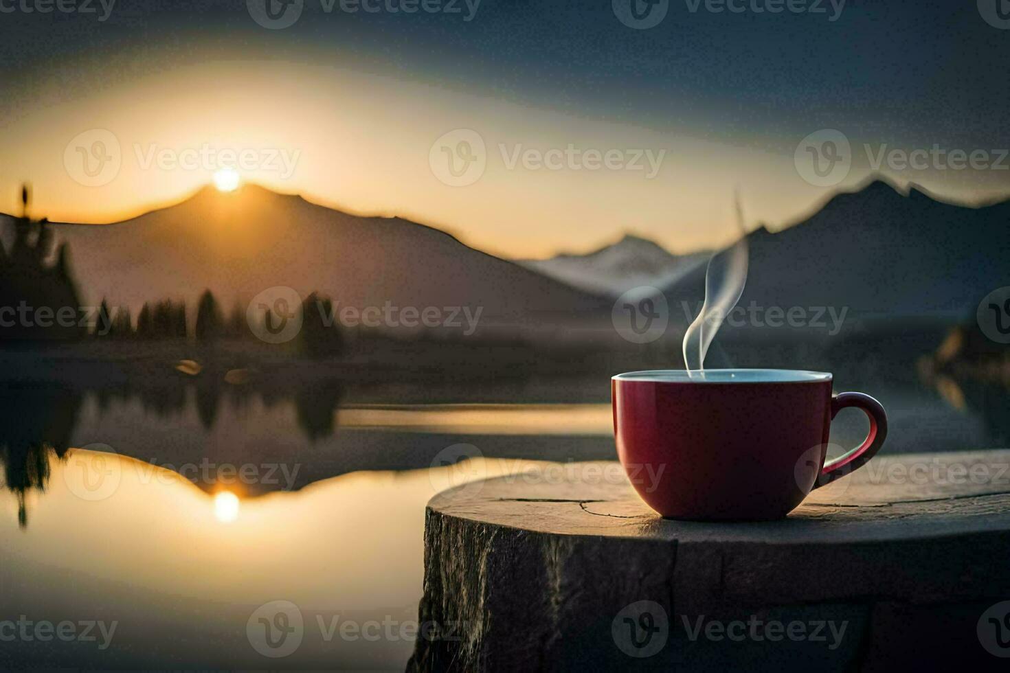 a cup of coffee on a log by the lake. AI-Generated photo
