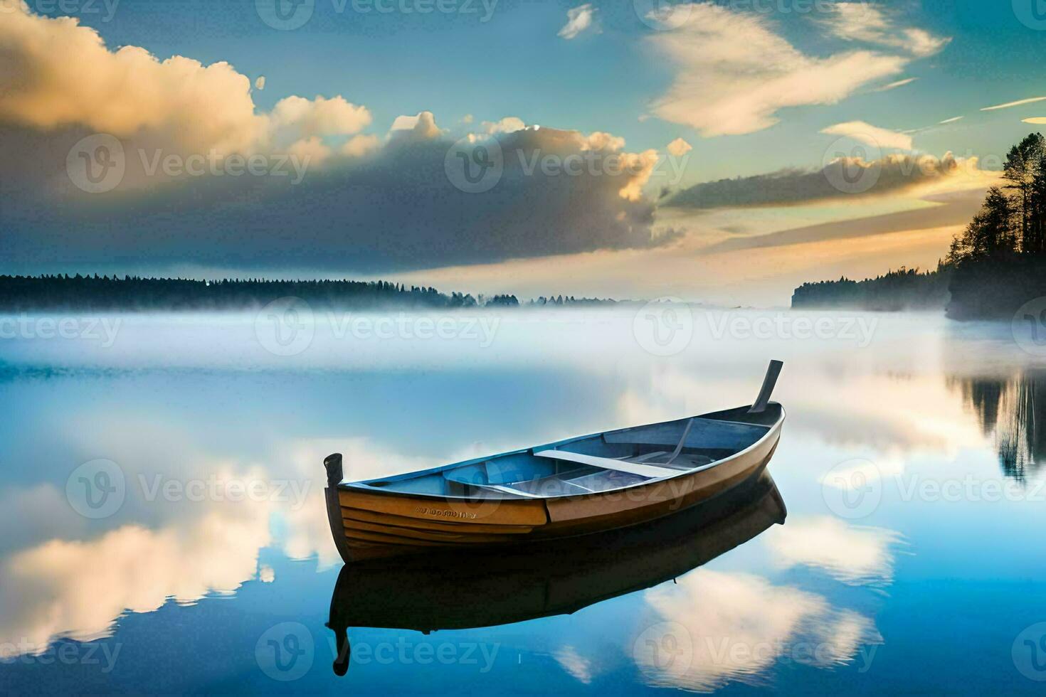 un barco se sienta en el agua a puesta de sol. generado por ai foto