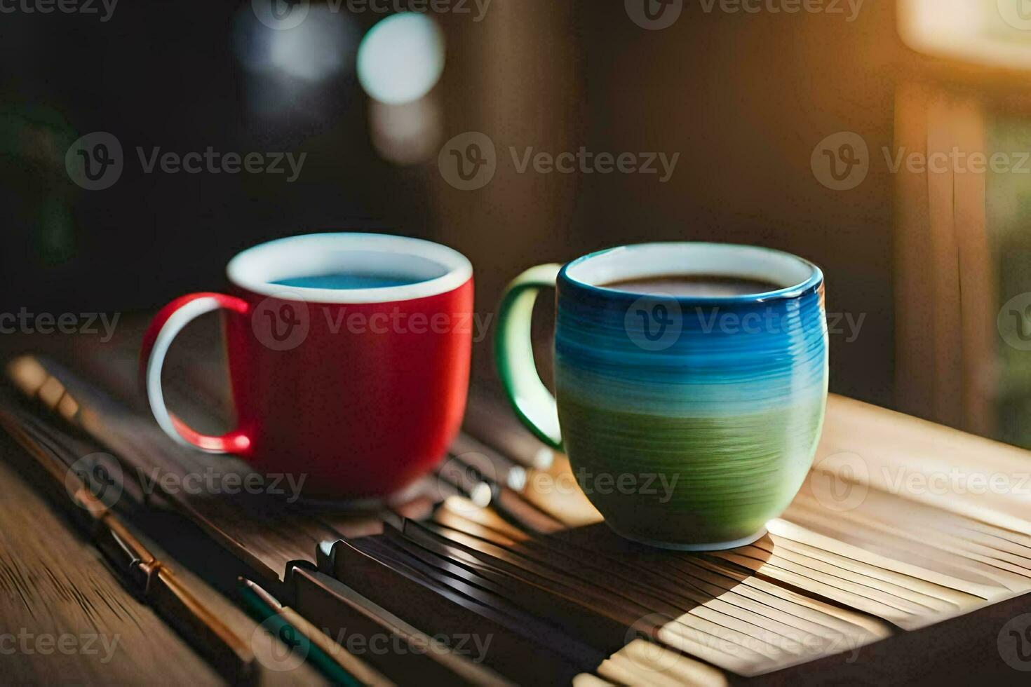 dos vistoso café tazas en un de madera mesa. generado por ai foto