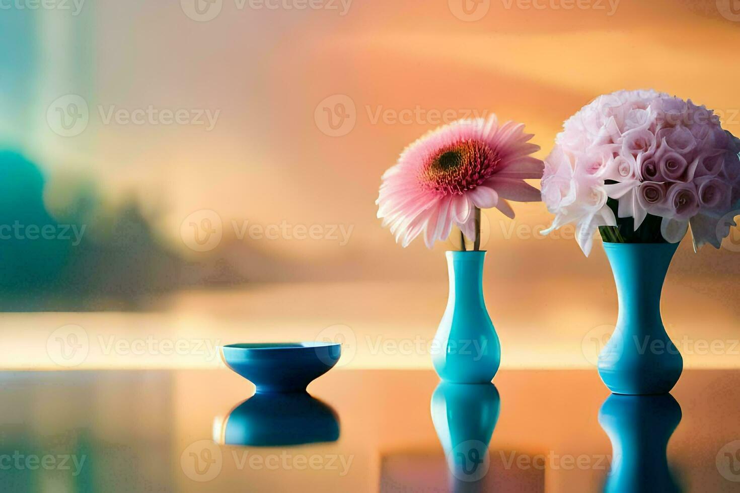 two vases with pink flowers sitting on a table. AI-Generated photo