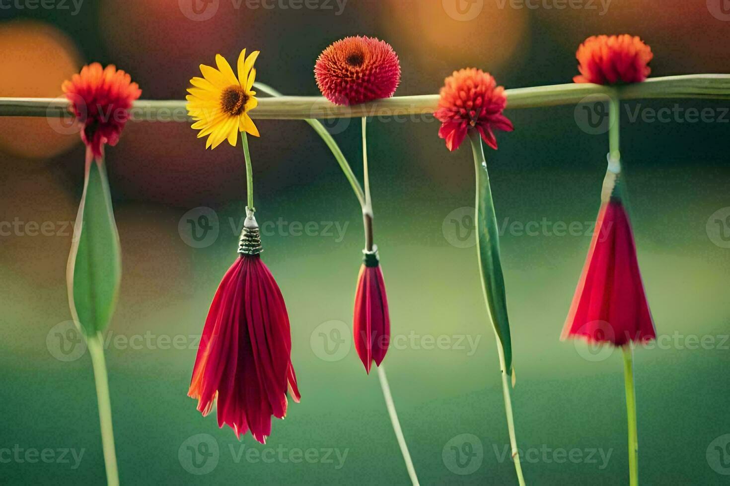 rojo flores colgando desde un cuerda con un amarillo flor. generado por ai foto