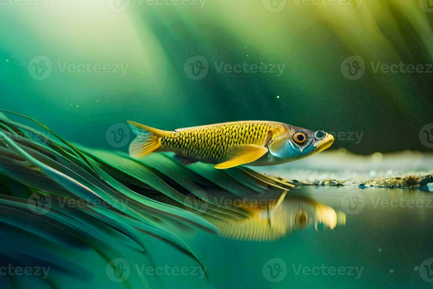 goldfish in the water, grass, water, fish, water, water, fish, water. AI-Generated photo
