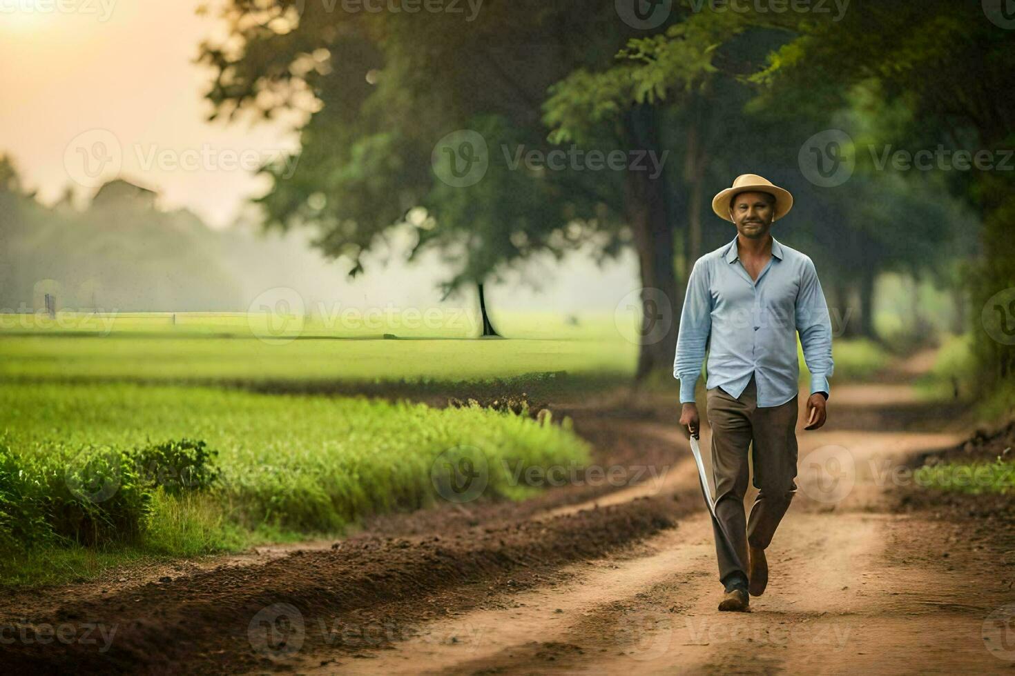 a man walking down a dirt road in the middle of a field. AI-Generated photo