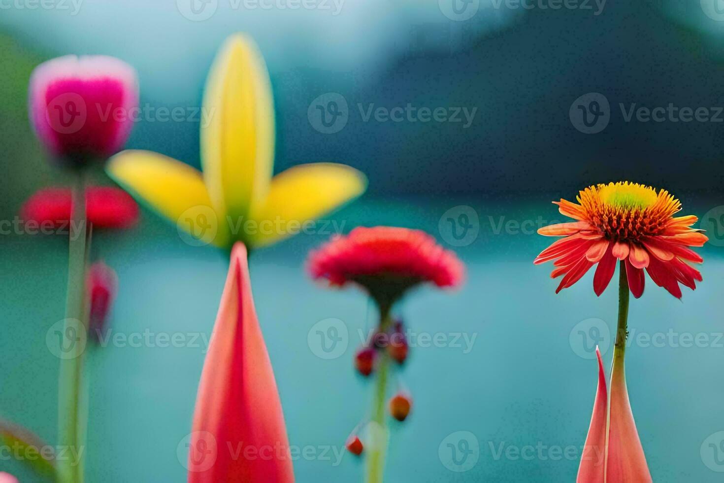 colorful flowers are in front of a lake. AI-Generated photo