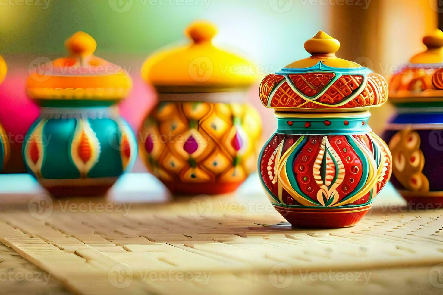 colorful wooden vases on a table. AI-Generated photo