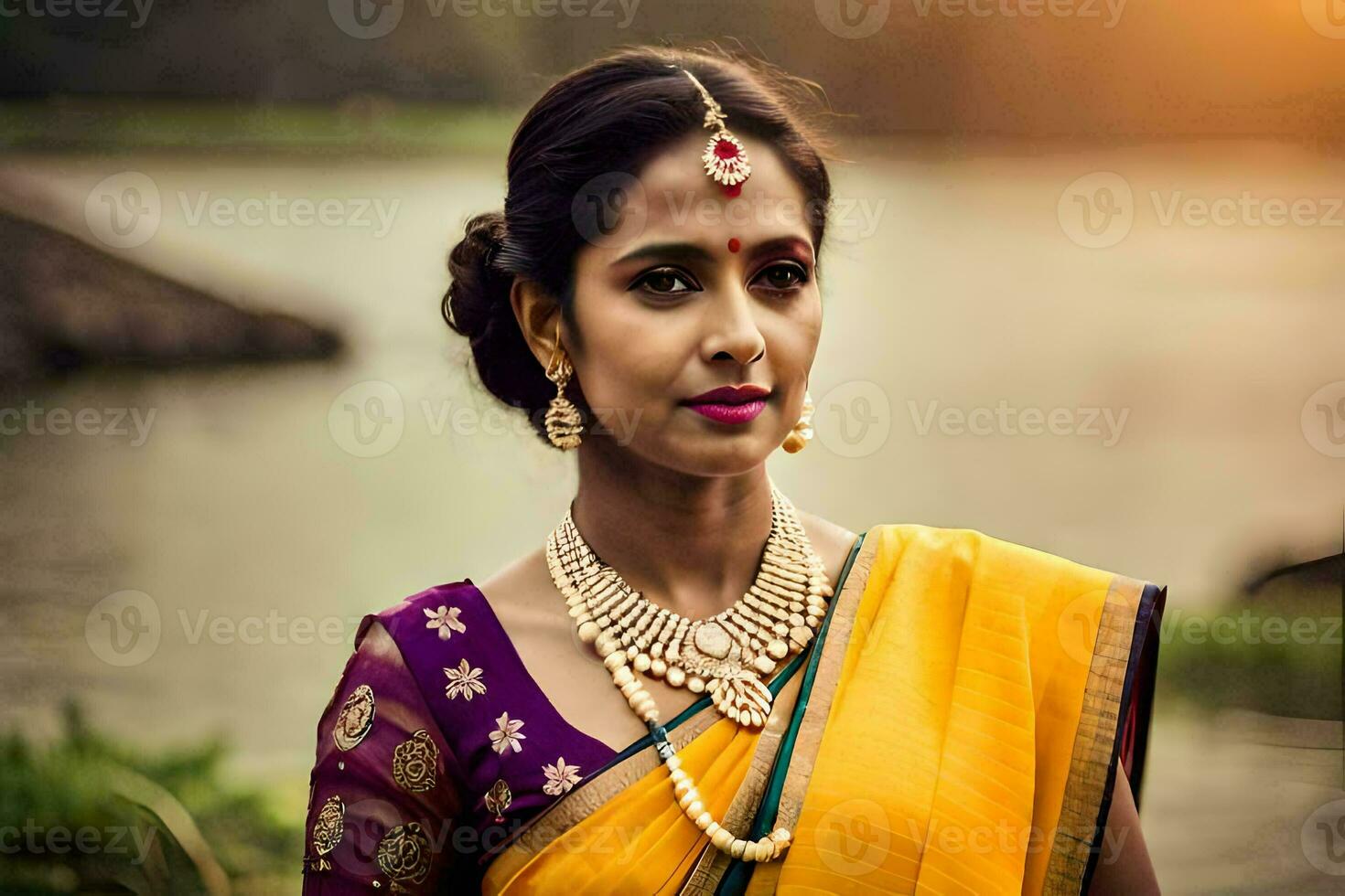 a woman in a yellow sari with jewelry. AI-Generated photo