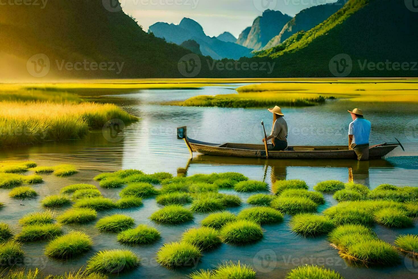 dos hombres en un barco en un río con césped y montañas. generado por ai foto