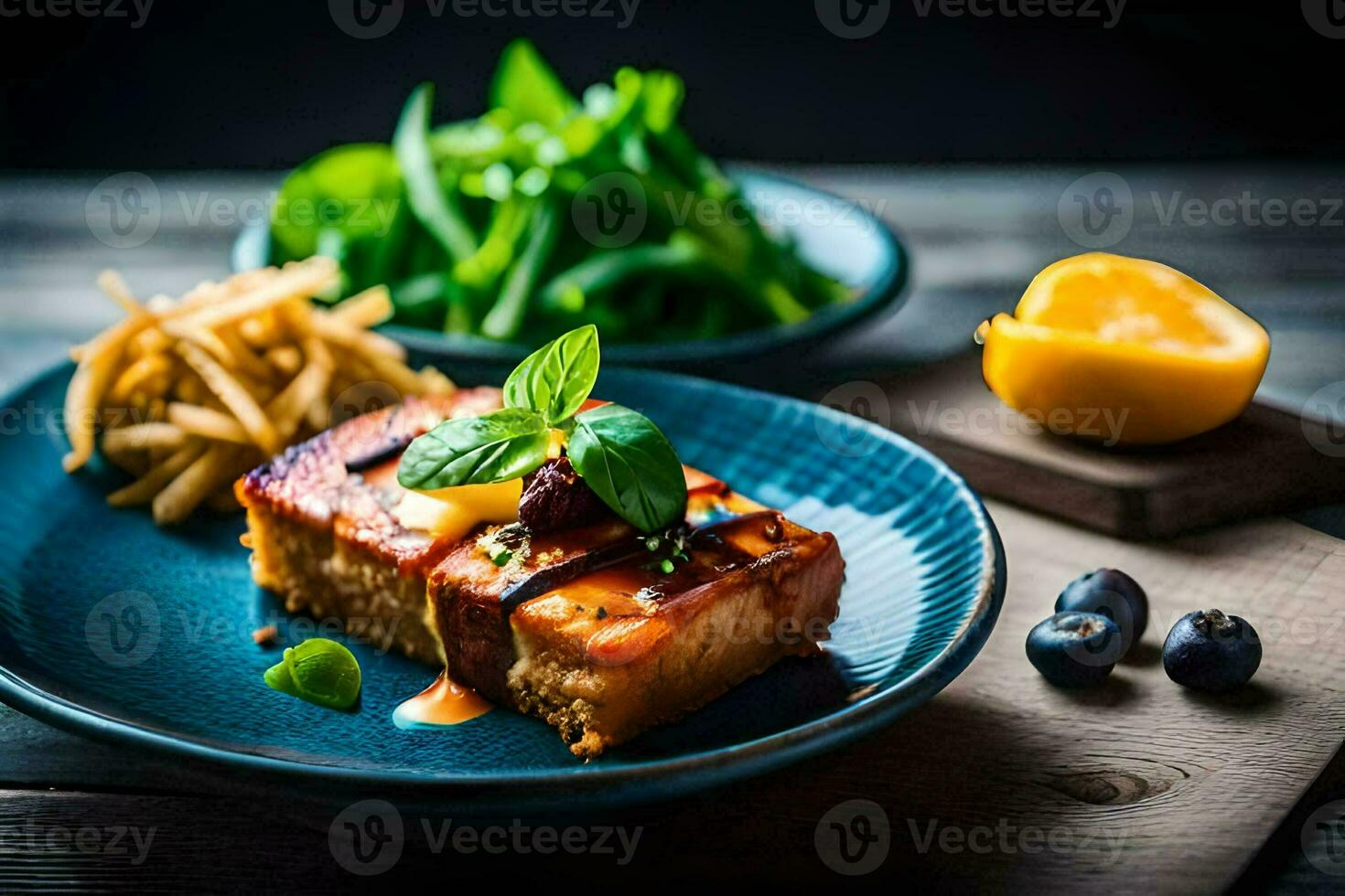 the food is served on a blue plate with a fork and a knife. AI-Generated photo