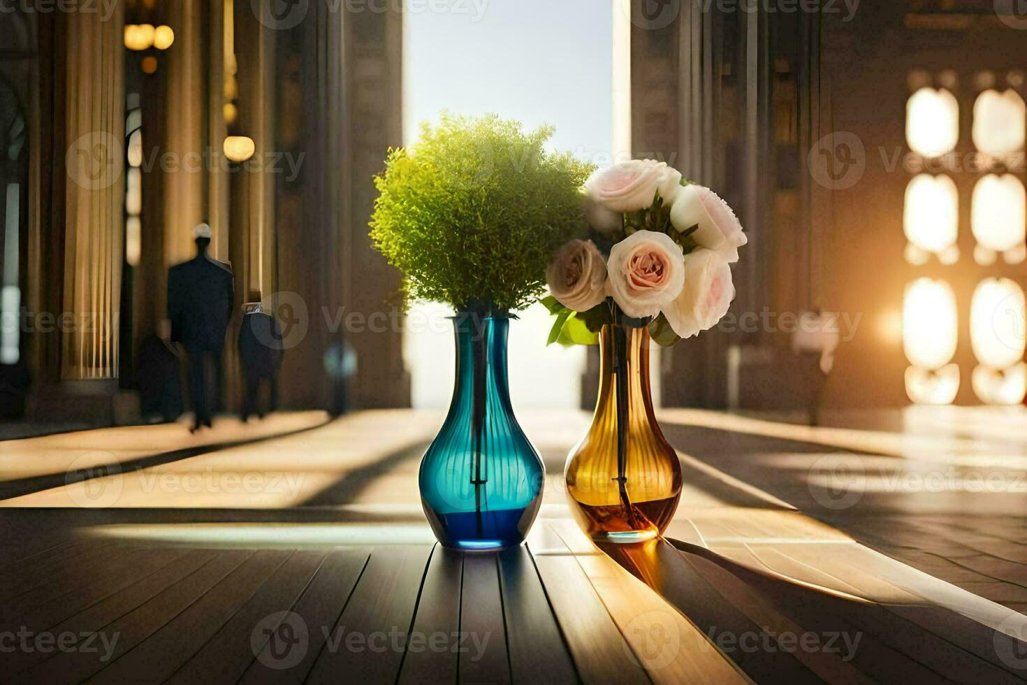 two vases with flowers sitting on a wooden floor. AI-Generated photo
