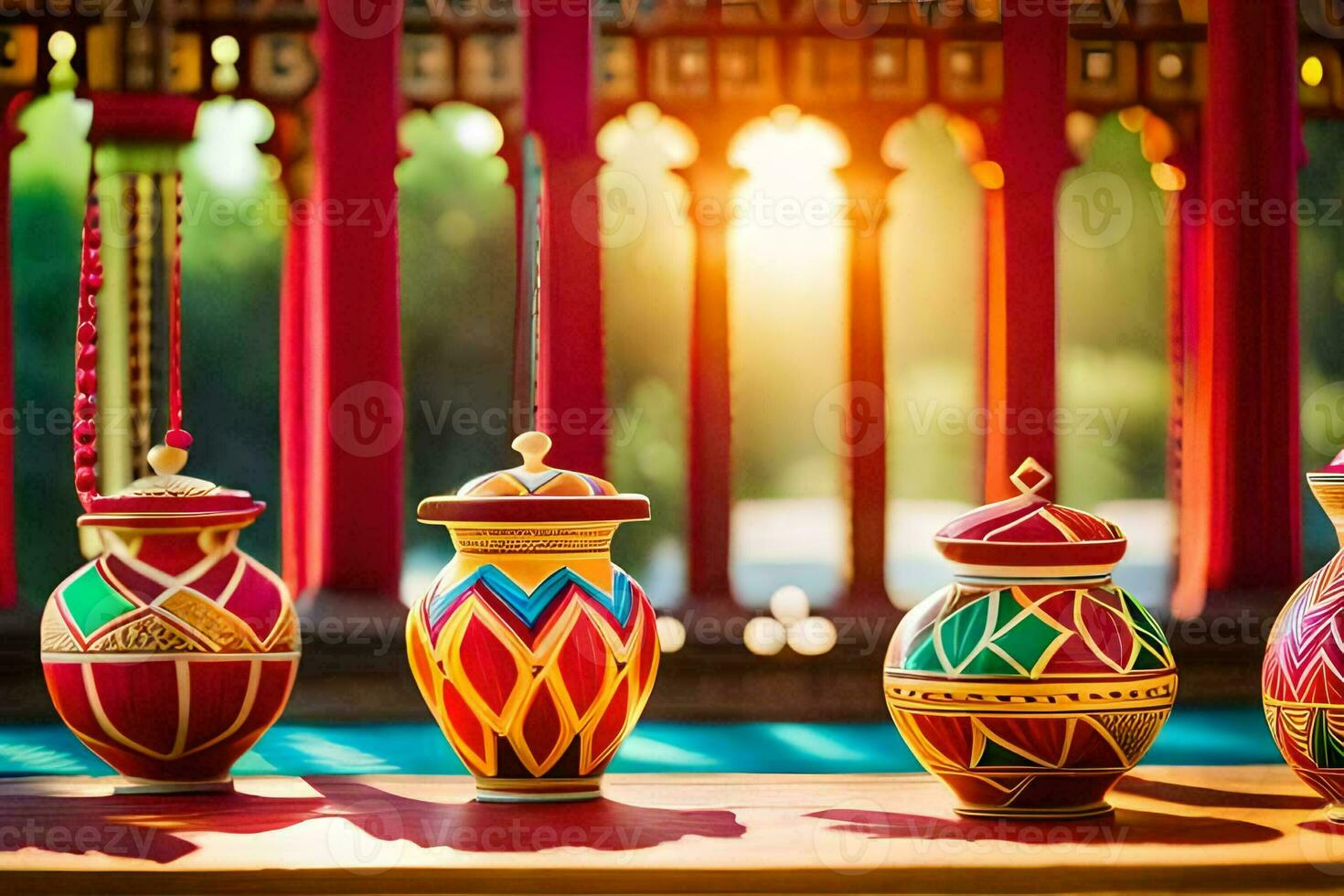 colorful vases are lined up on a table. AI-Generated photo