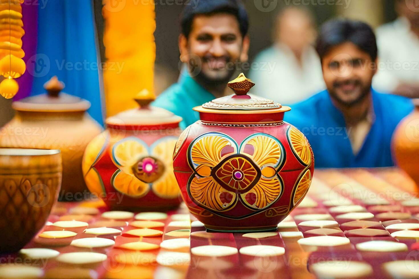 two men sitting next to a pot on a table. AI-Generated photo