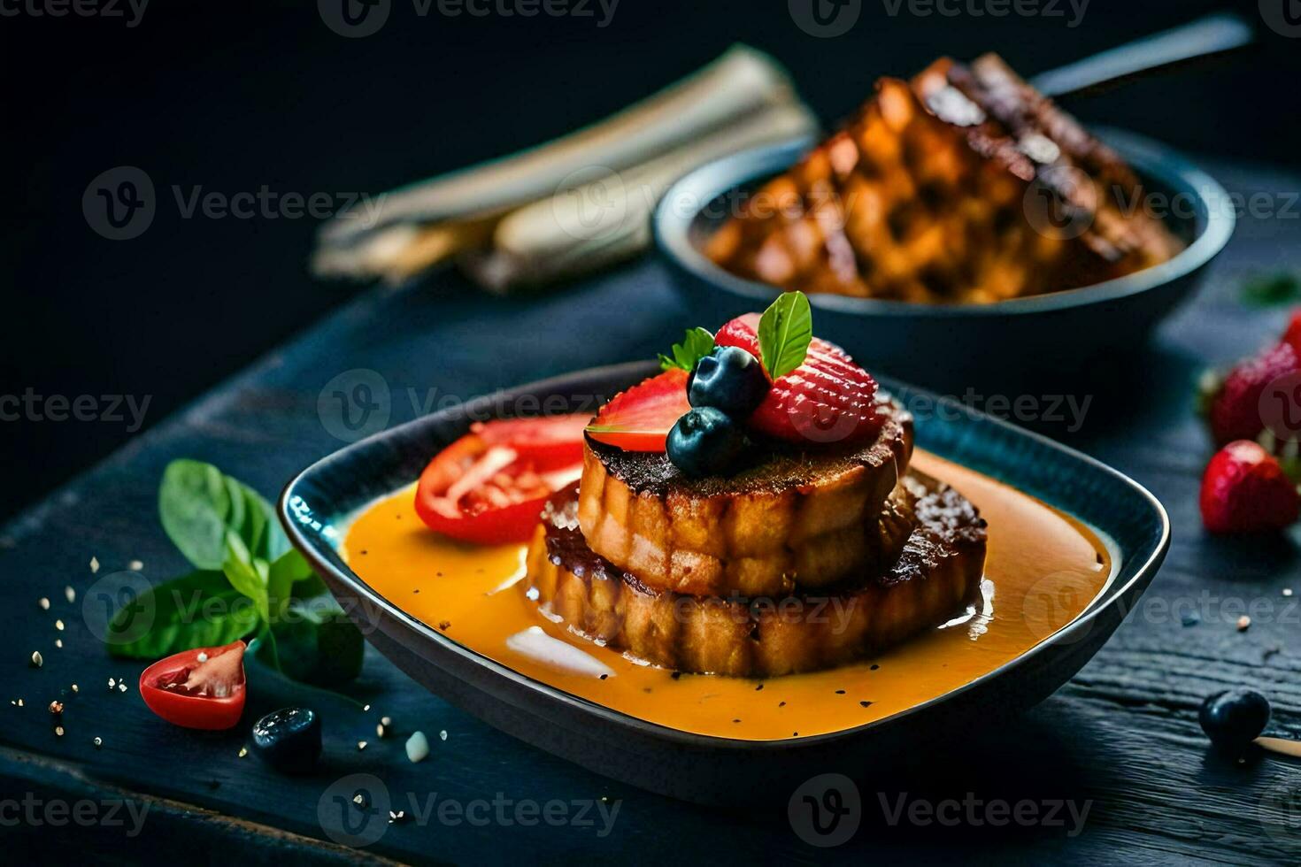a plate of french toast with strawberries and syrup. AI-Generated photo