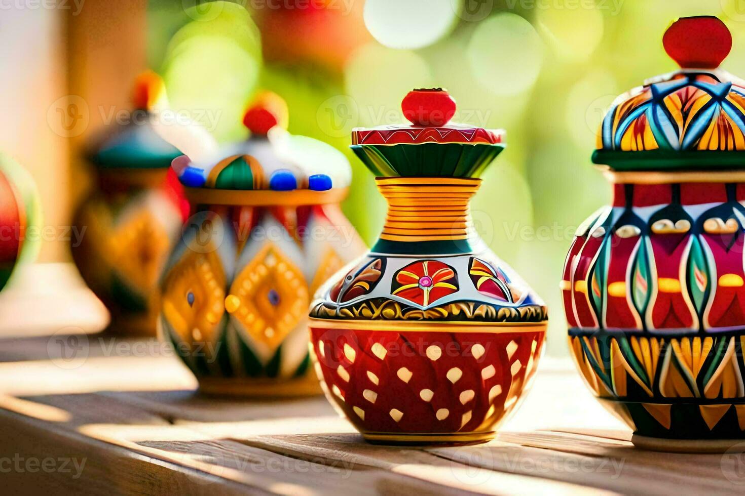 colorful ceramic vases on a wooden table. AI-Generated photo