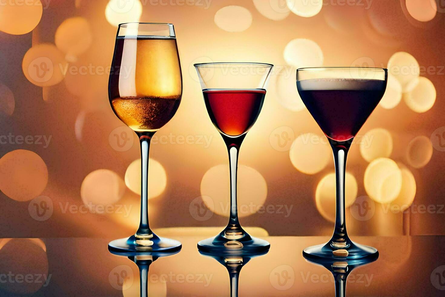 three glasses of wine and champagne on a table. AI-Generated photo
