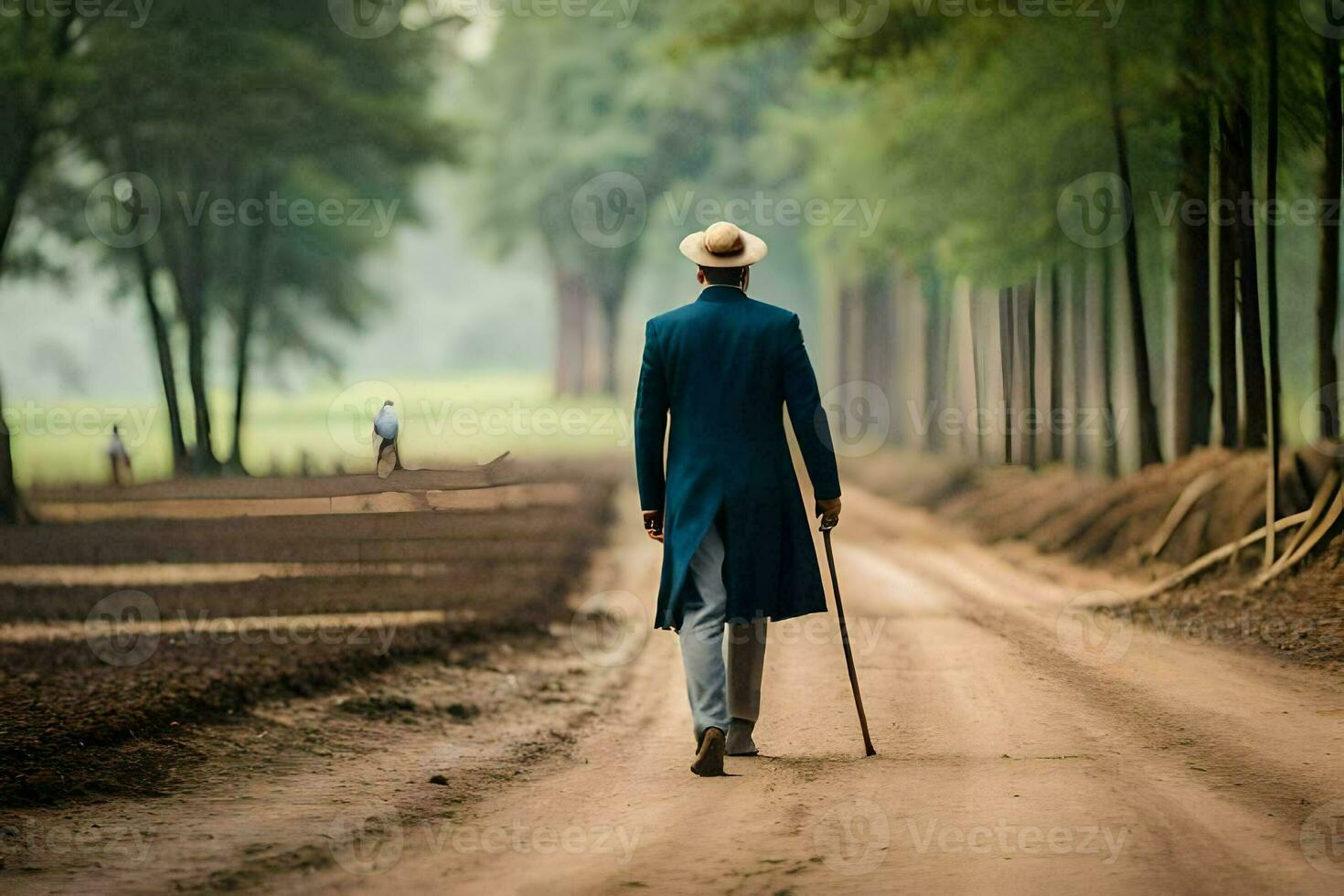 a man in a blue suit and hat walking down a dirt road. AI-Generated photo