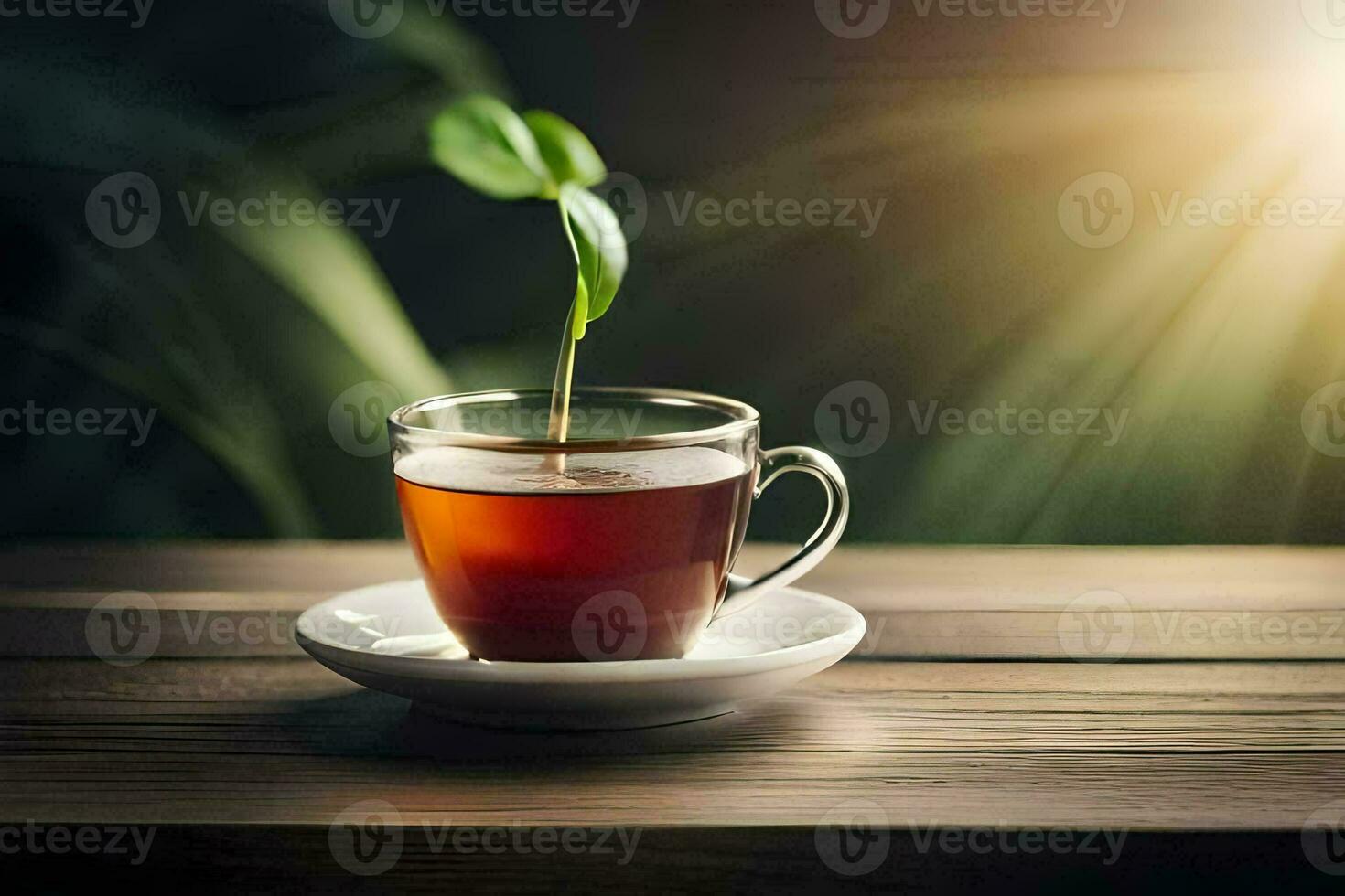 un taza de té con un planta creciente fuera de él. generado por ai foto