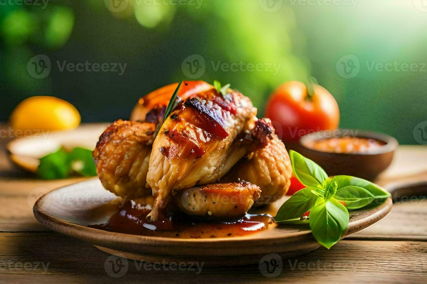 chicken with sauce and herbs on a plate. AI-Generated photo