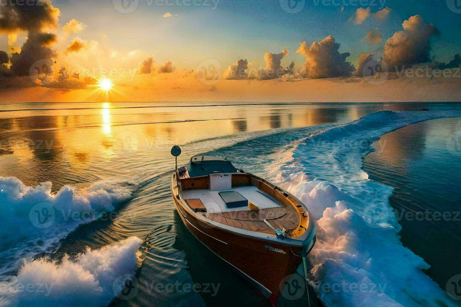 a boat traveling through the ocean at sunset. AI-Generated photo