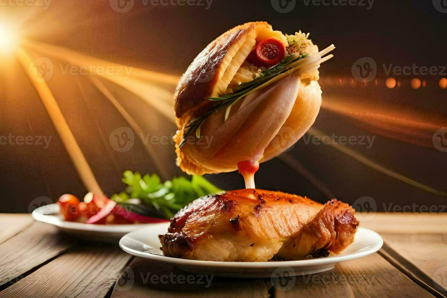 a chicken sandwich is being lifted into the air. AI-Generated photo