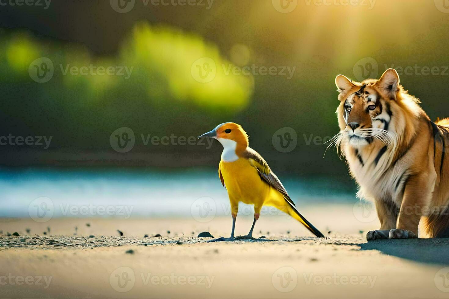 a tiger and a bird on the beach. AI-Generated photo