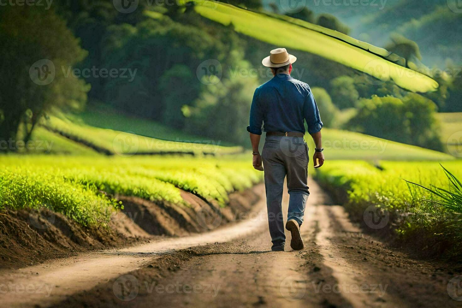 a man walking down a dirt road in a field. AI-Generated photo