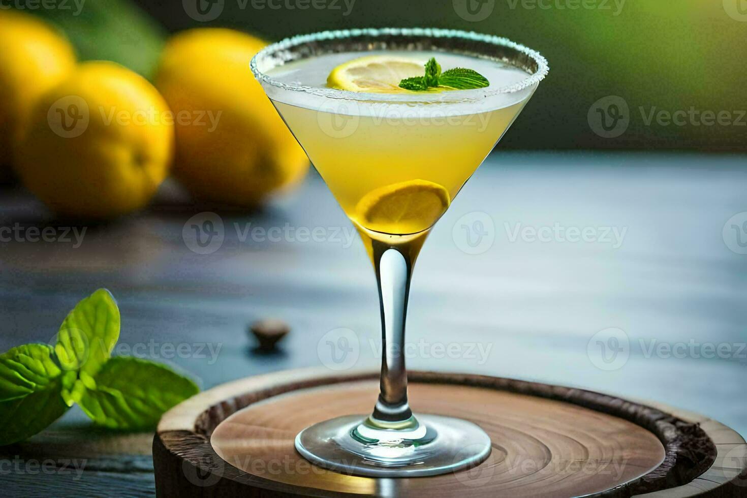 a cocktail with lemon and mint on a wooden tray. AI-Generated photo