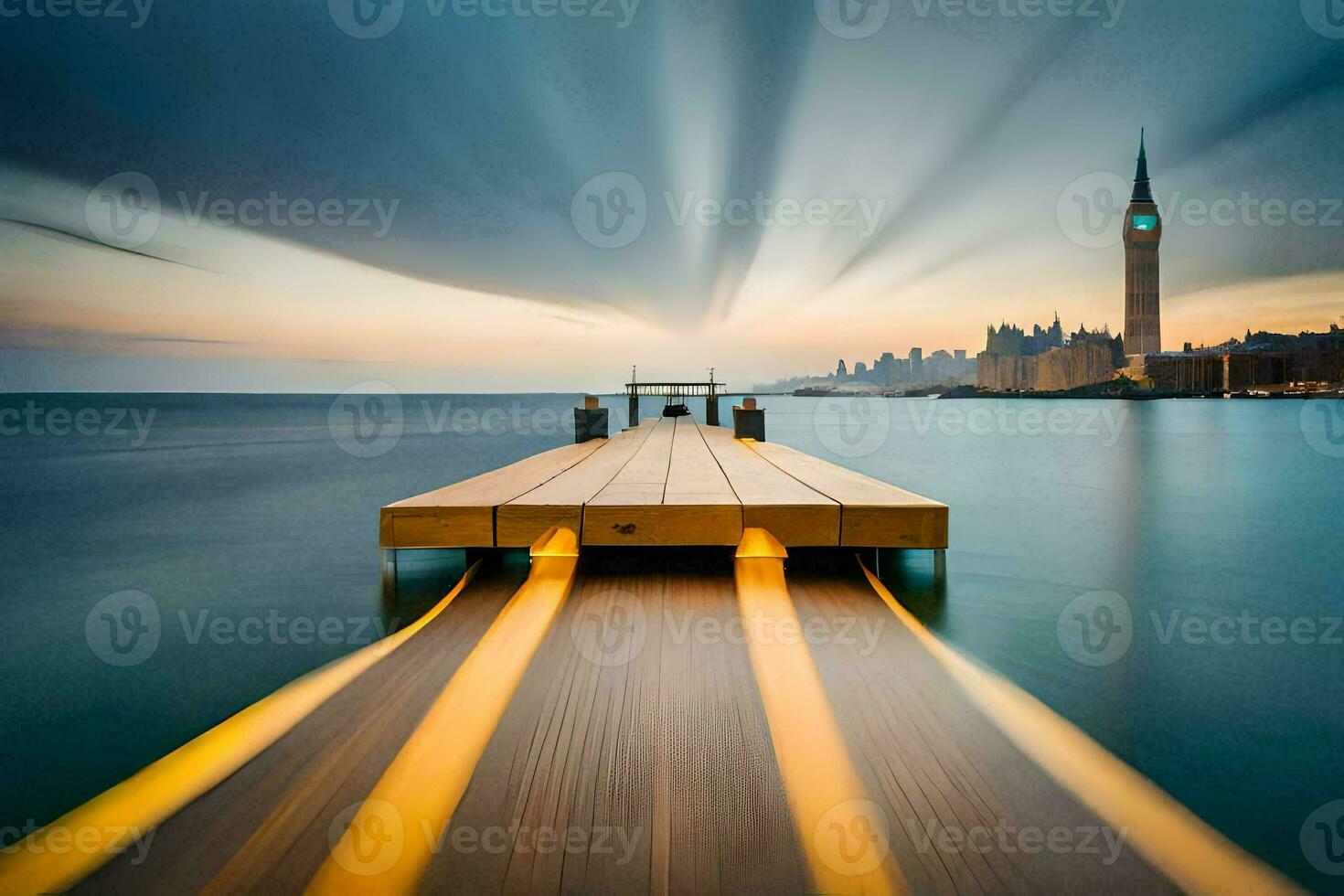 a long exposure photograph of a pier in the water. AI-Generated photo