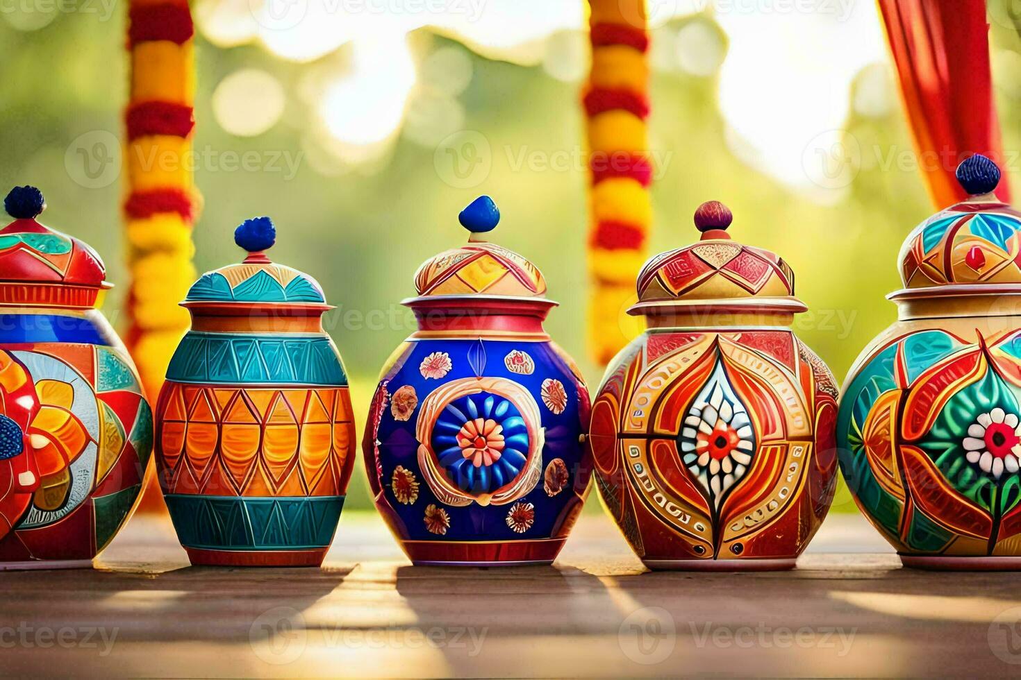 colorful pots and vases lined up on a wooden table. AI-Generated photo