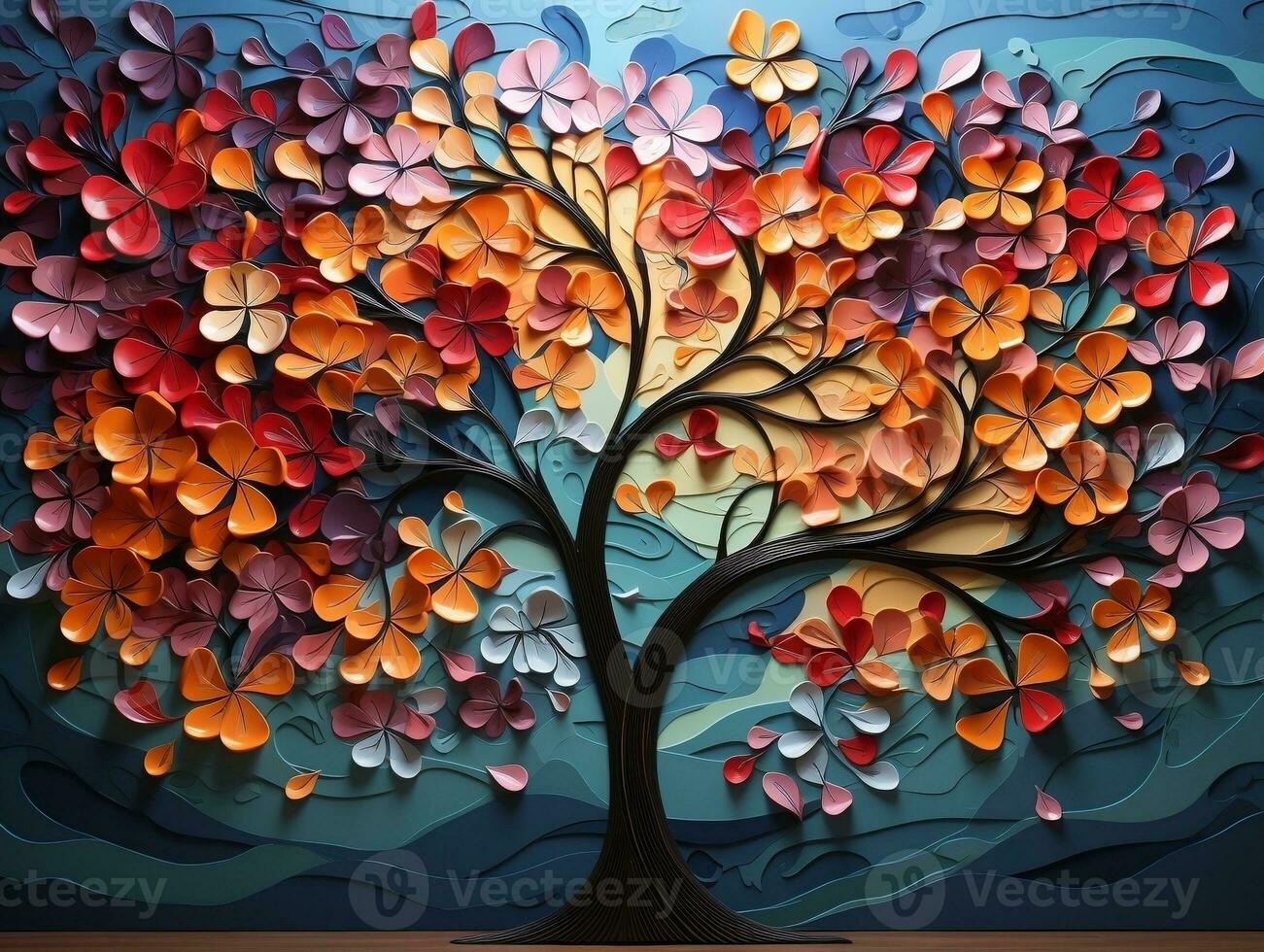 Colorful tree with vibrant leaves hanging branches illustration background 3d abstraction wallpaper for interior mural painting wall art decor generative ai photo