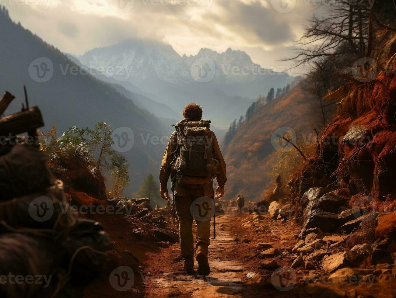 A backpacker ascending a steep mountain trail generative ai photo